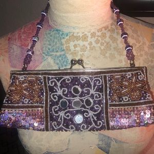 Vintage sequined / beaded hand bag in purple , silver tones